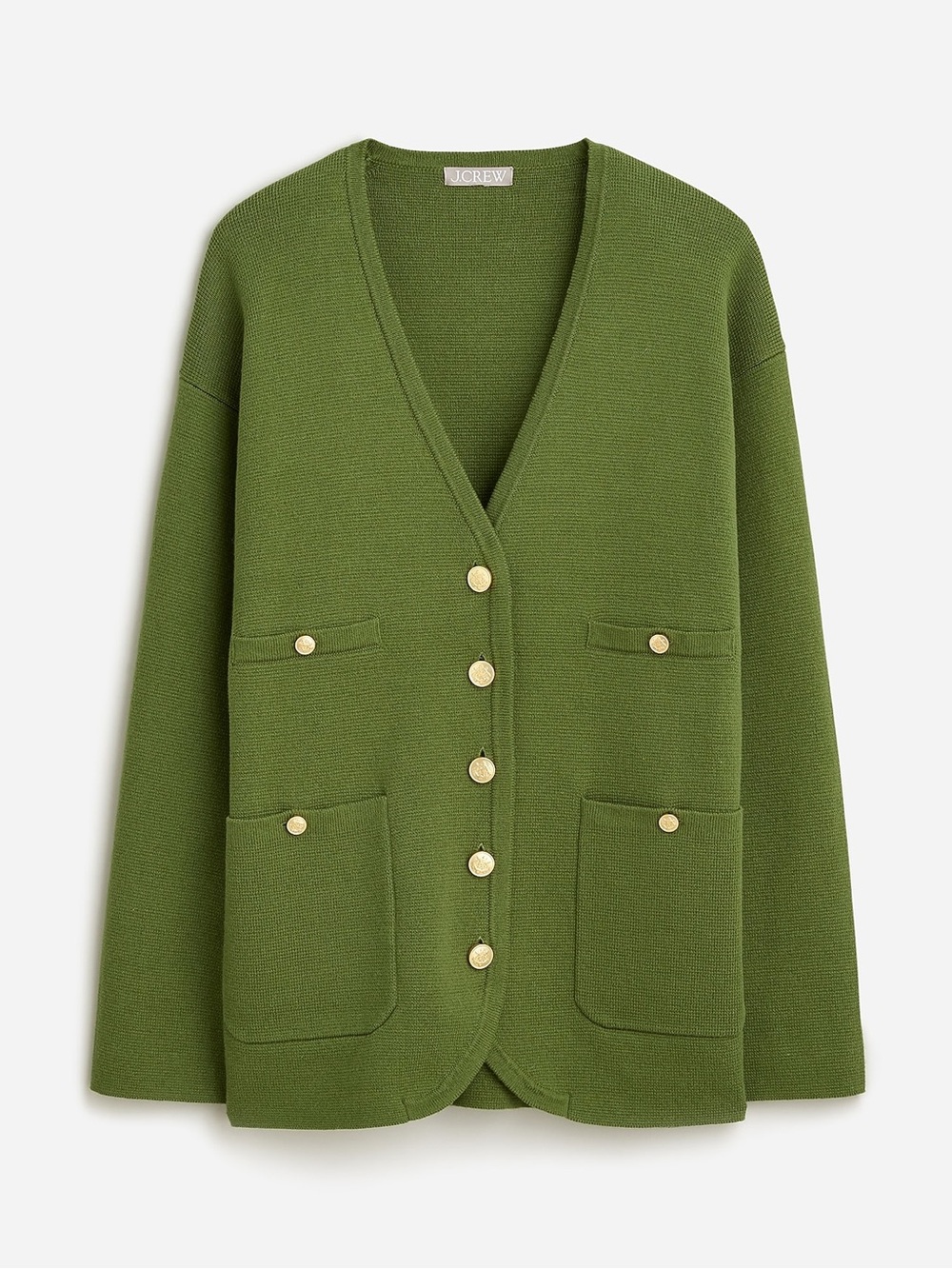 J.Crew Olive Green Cotton Long V Neck Sweater Blazer Patch Pockets Women's Sz L